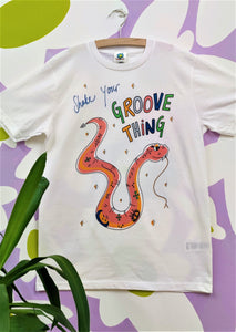 💖 SHAKE YOUR GROOVE THING TEE 💖 - Short sleeve, soft touch white t-shirt with large graphic snakey boi